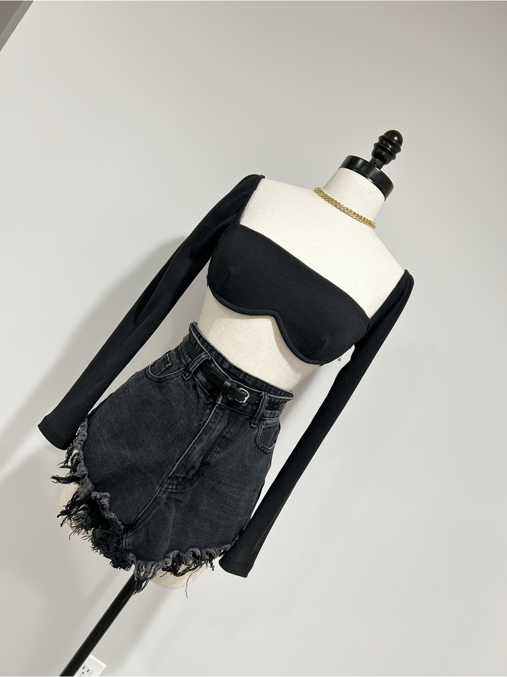 Princess Polly Black Ribbed Long-Sleeve Bustier Crop Top